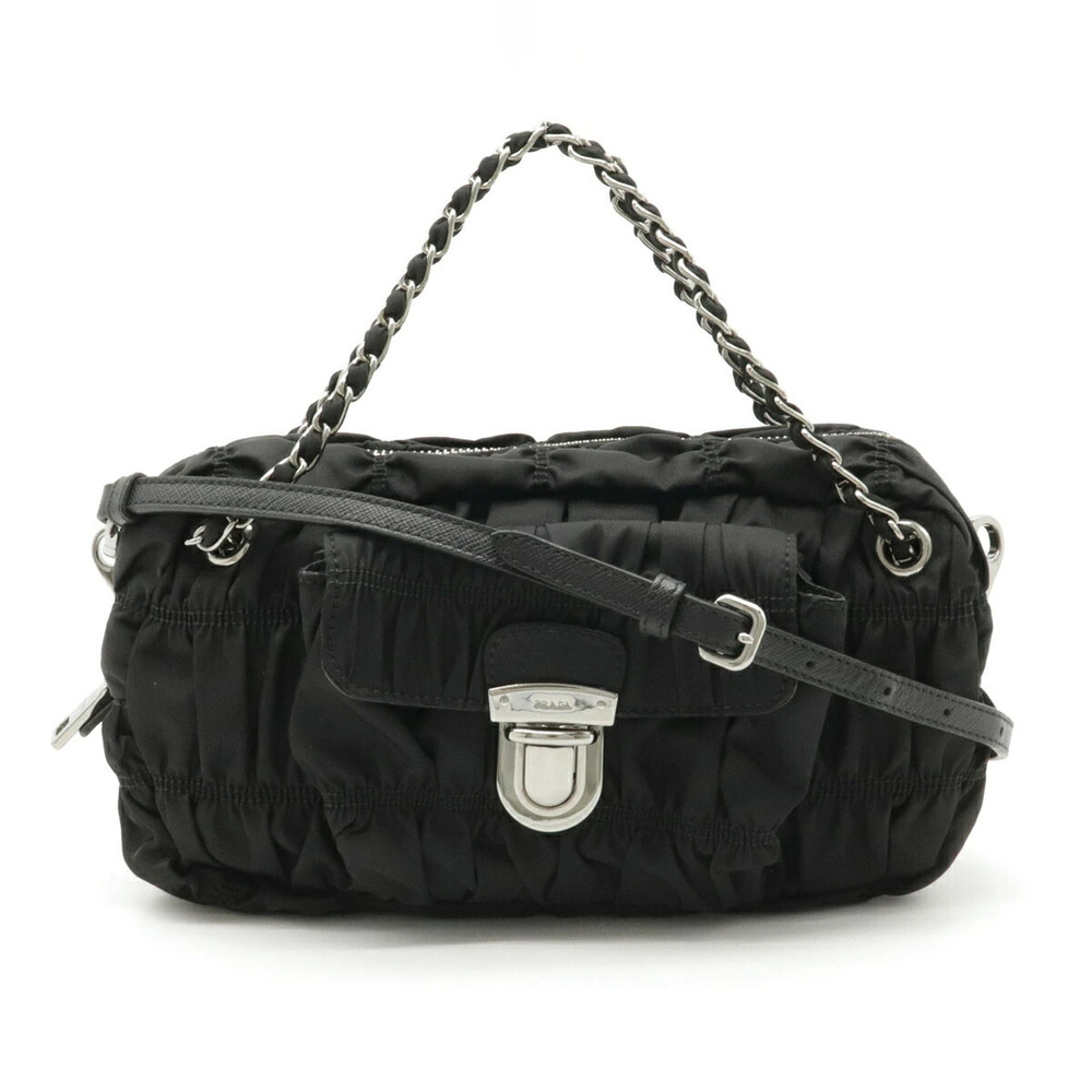 Prada Gathered Quilted 2way Shoulder Bag Leather NERO Black